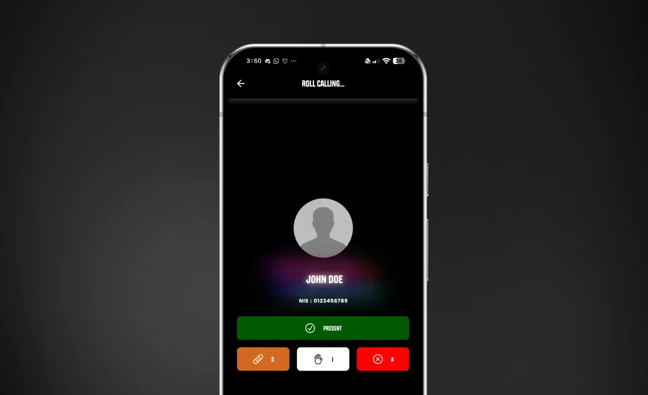 Roll Call screen — per-student status input